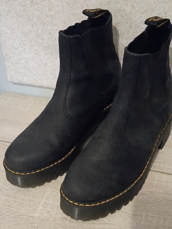 Dr. Martens Shoes - Dr. Martens Black Suede Chelsea Platform Boots with Yellow Stitching